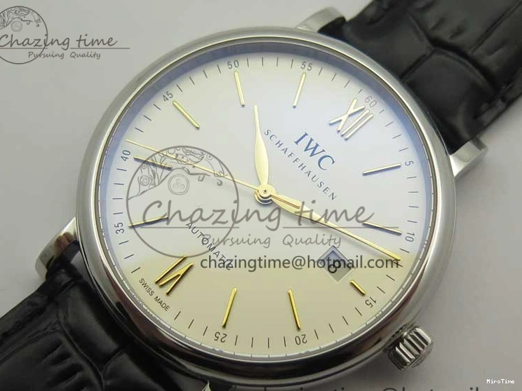 MIROTIME 0523 Affordable Portofino IW356501 SS V3 MK 1:1 Best Edition White Dial Gold Markers On Black Leather Strap MIYOTA 7196